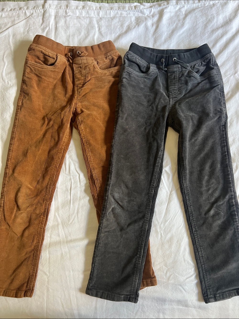 TWO PAIRS Hanna Andersson Corduroy Pull-on Pants in Brown and Gray - size 140, 8